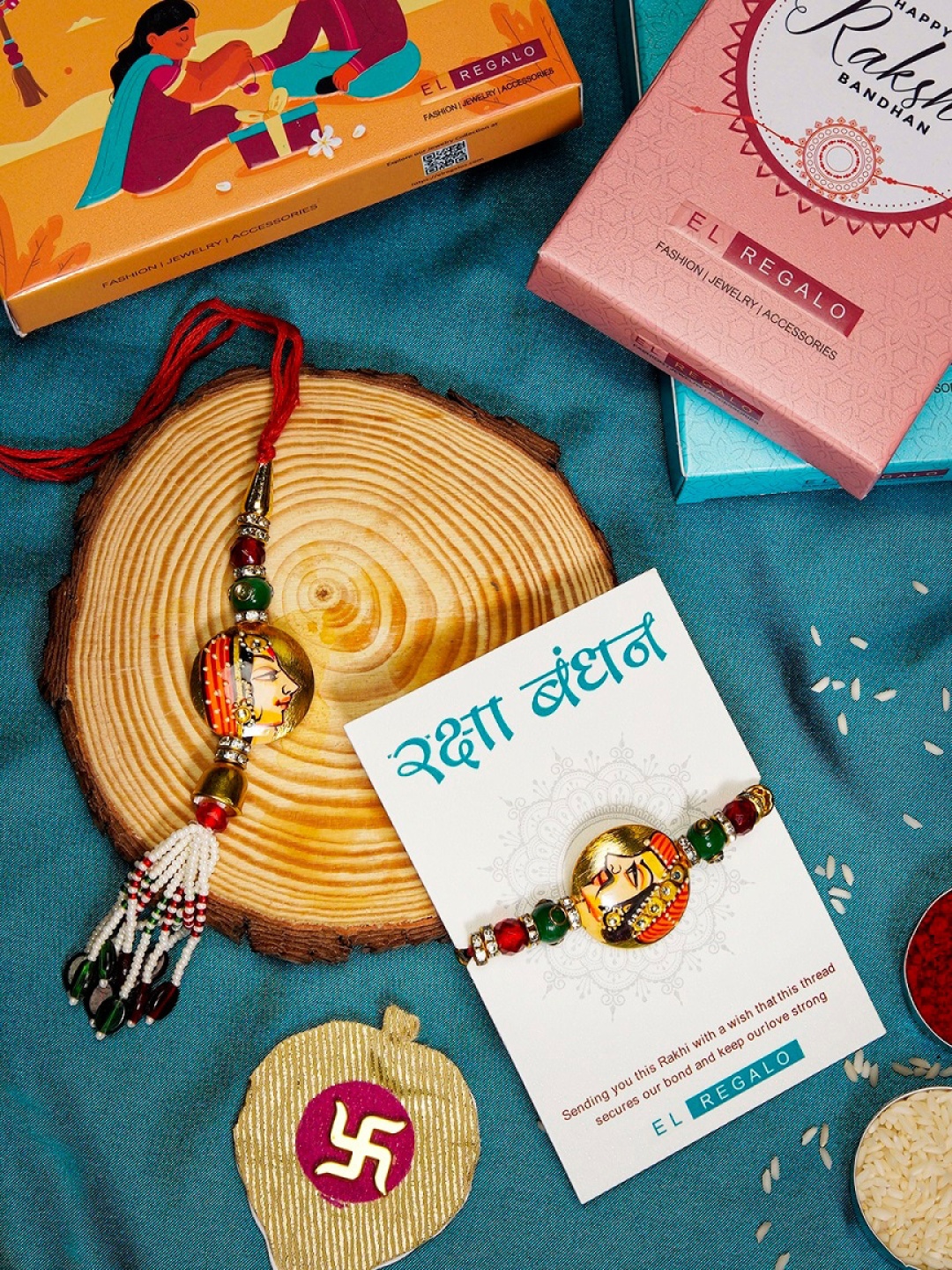 

EL REGALO Set Of 2 Bhaiya and Bhabhi Rakhi combo With Roli Chawal, Red