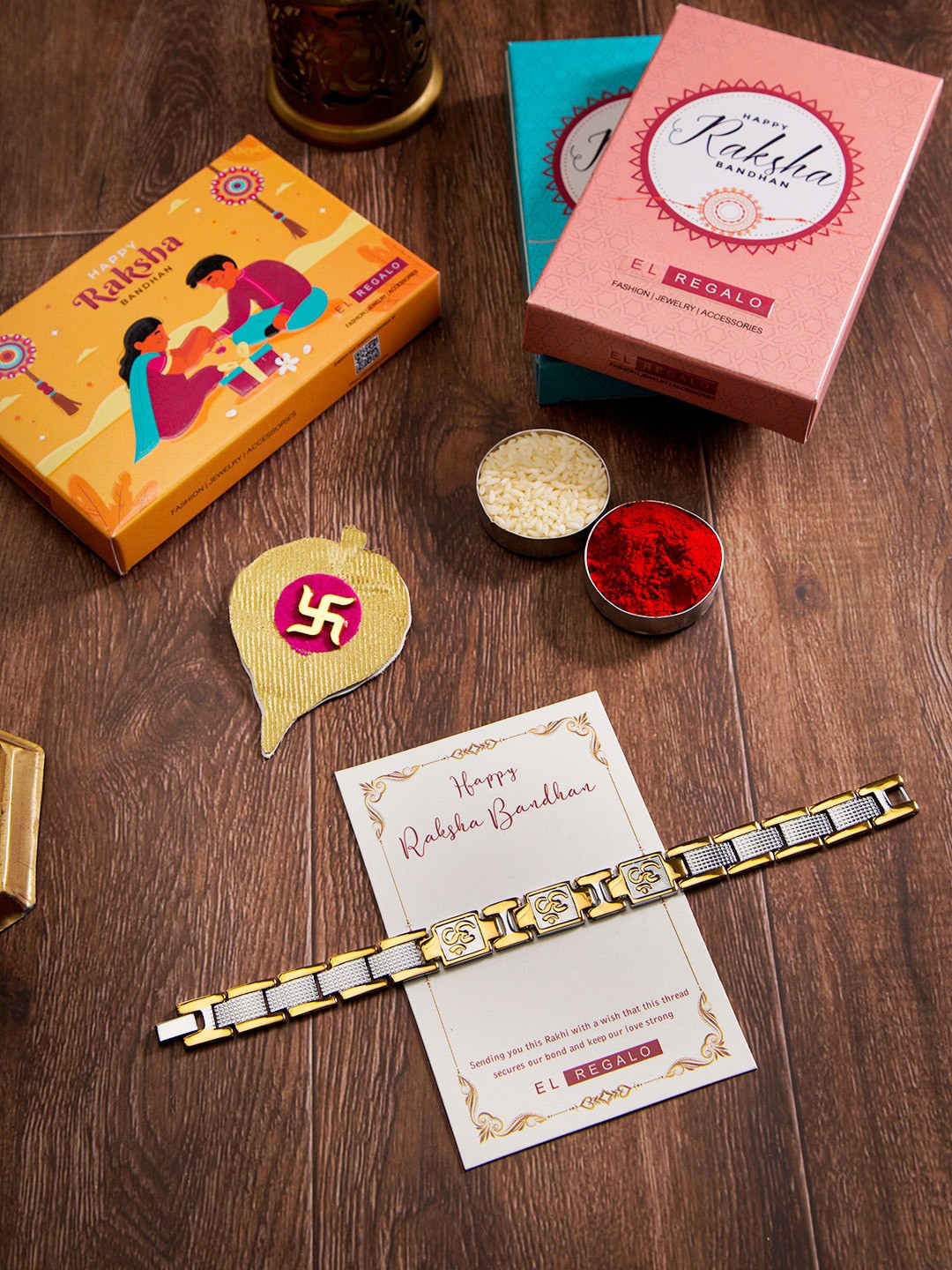 

EL REGALO Stainless Steel Rust Free Rakhi With Roli Chawal Card, Gold