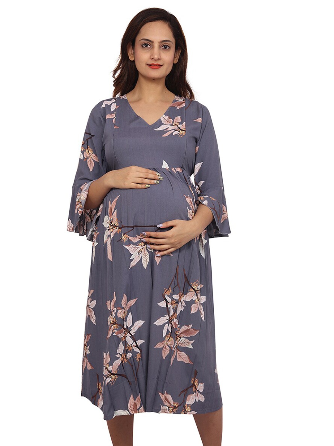 

Baby Moo Floral Printed Bell Sleeve Gathered Maternity Fit & Flare Midi Dress, Grey