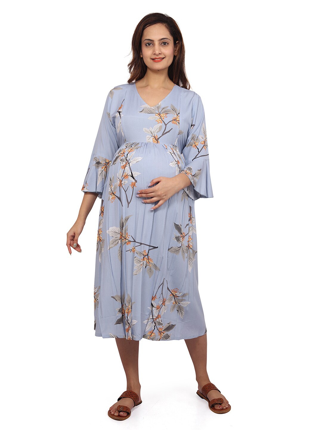 

Baby Moo Floral Printed Bell Sleeve Gathered Maternity Fit & Flare Midi Dress, Blue