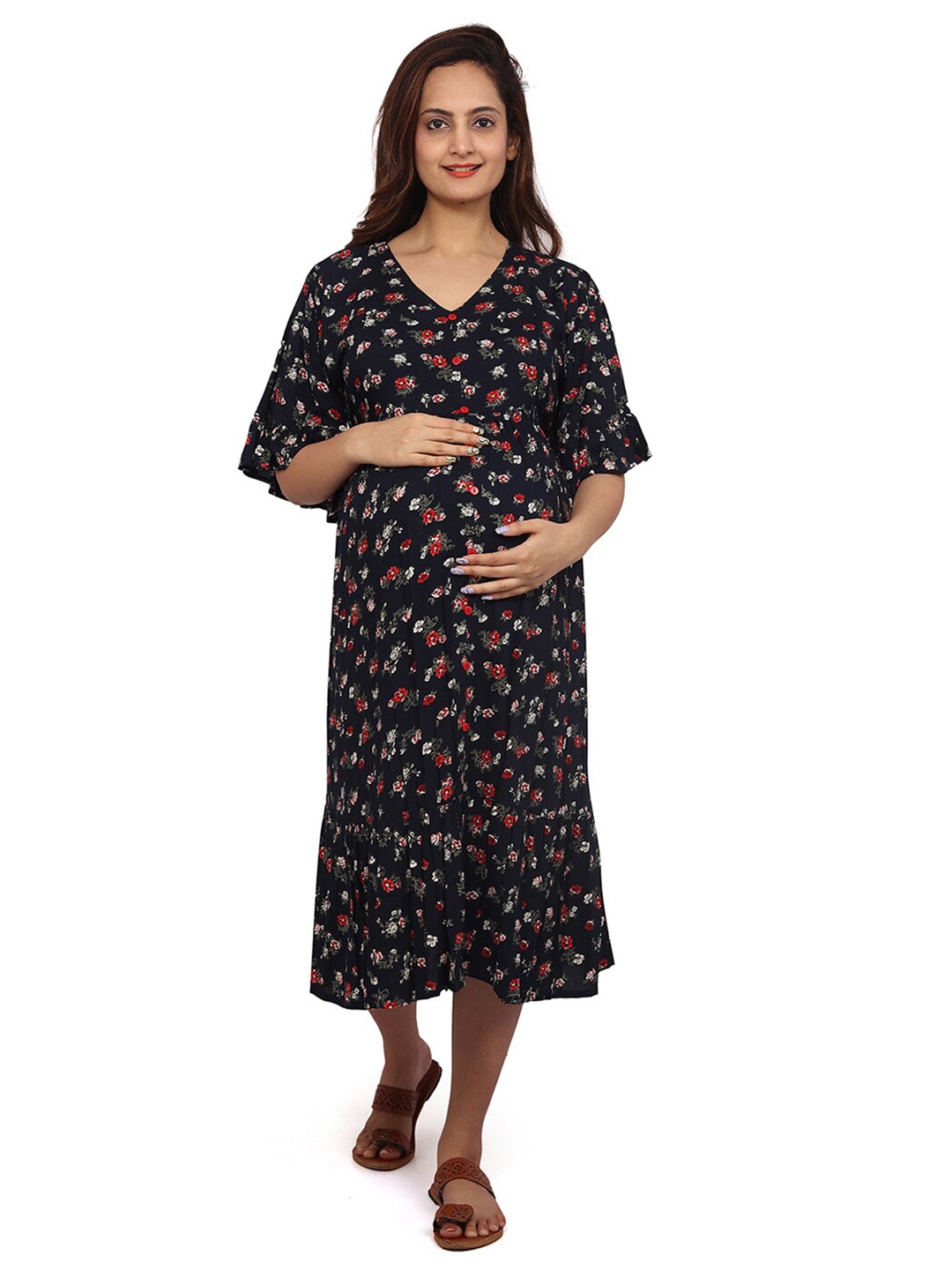 

Baby Moo Floral Printed Flared Sleeve Gathered Maternity A-Line Midi Dress, Blue