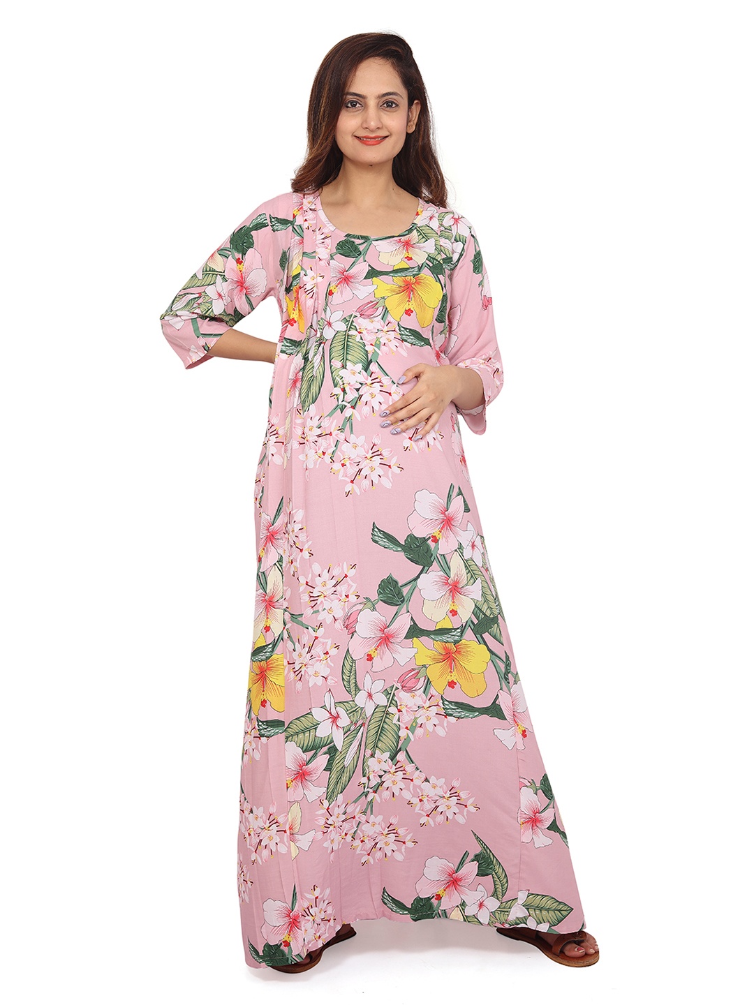 

Baby Moo Floral Printed Round Neck Gathered Maternity A-Line Maxi Dress, Pink