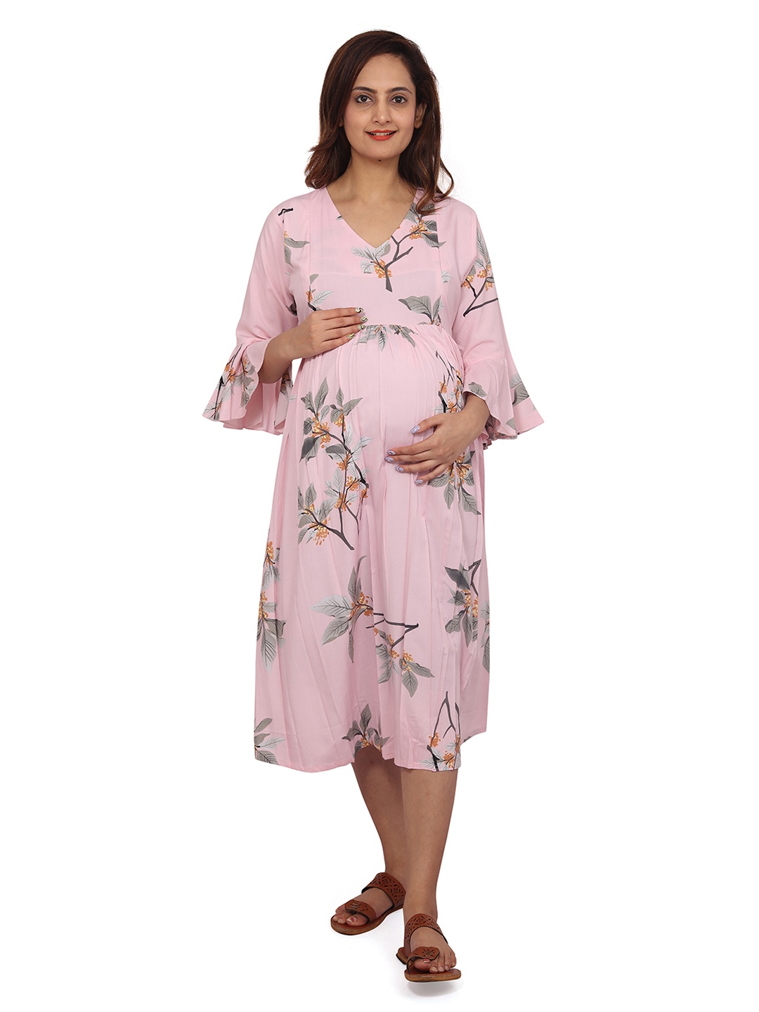 

Baby Moo Floral Printed Bell Sleeve Gathered Maternity Fit & Flare Midi Dress, Pink