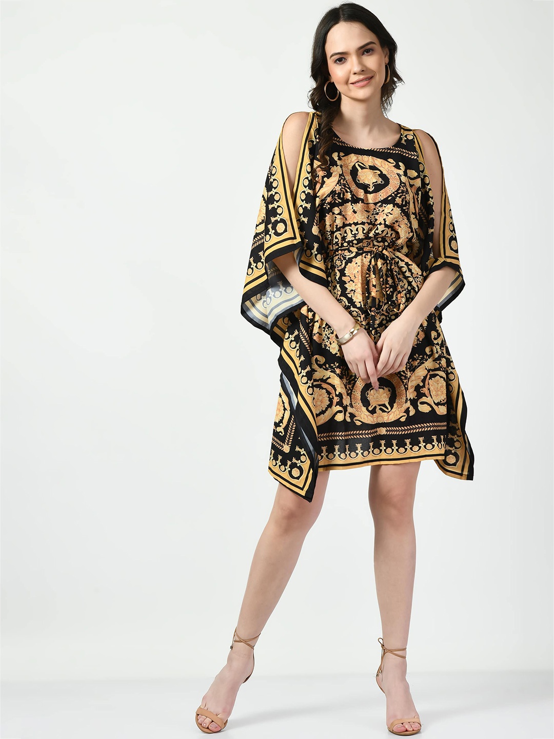 

Navvi Ethnic Motifs Printed Slit Sleeves Gathered Kaftan Dress, Black