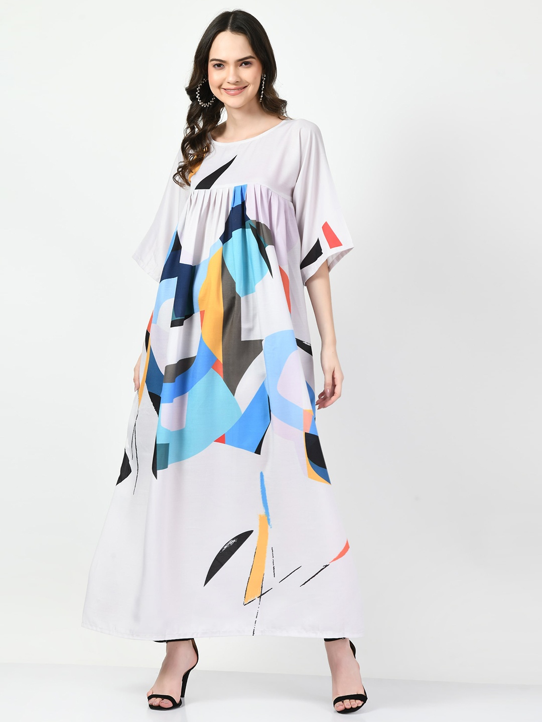 

Navvi Abstract Printed Flared Sleeves Gathered Cotton Maxi Dress, White