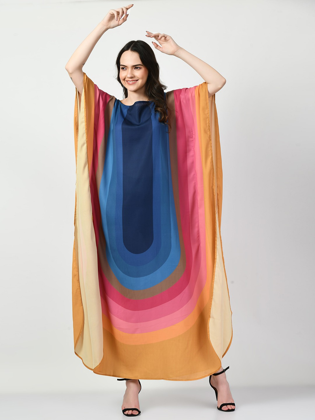 

Navvi Colourblocked Printed Kimono Sleeves Satin Kaftan Maxi Dress, Blue