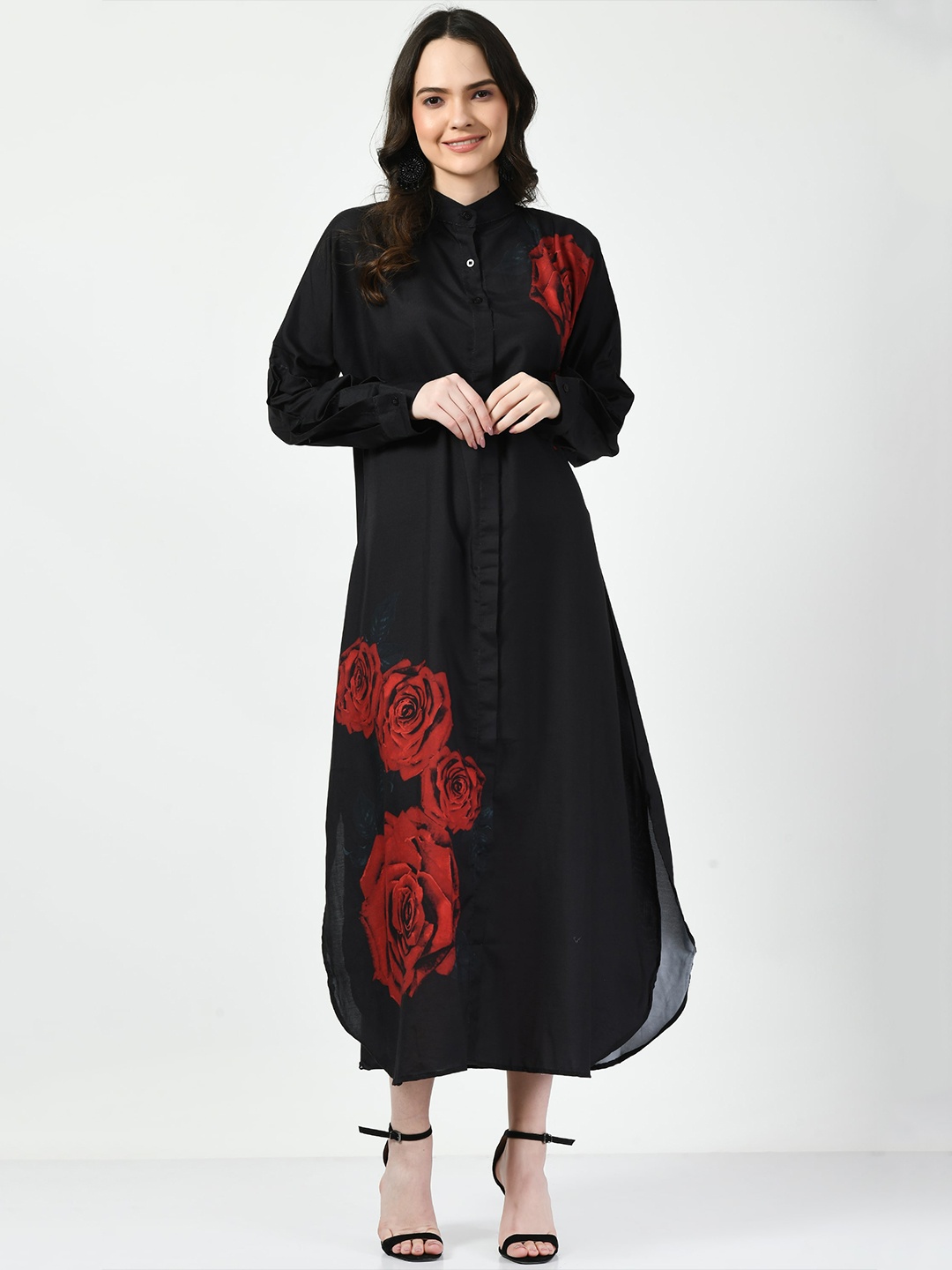 

Navvi Floral Printed Mandarin Collar Puff Sleeves Shirt Midi Dress, Black