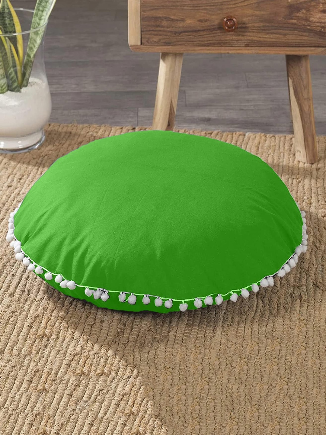 

CHRONEX 2-Pcs Green Velvet Round Cushion With Pom Pom Lace Pillow Case