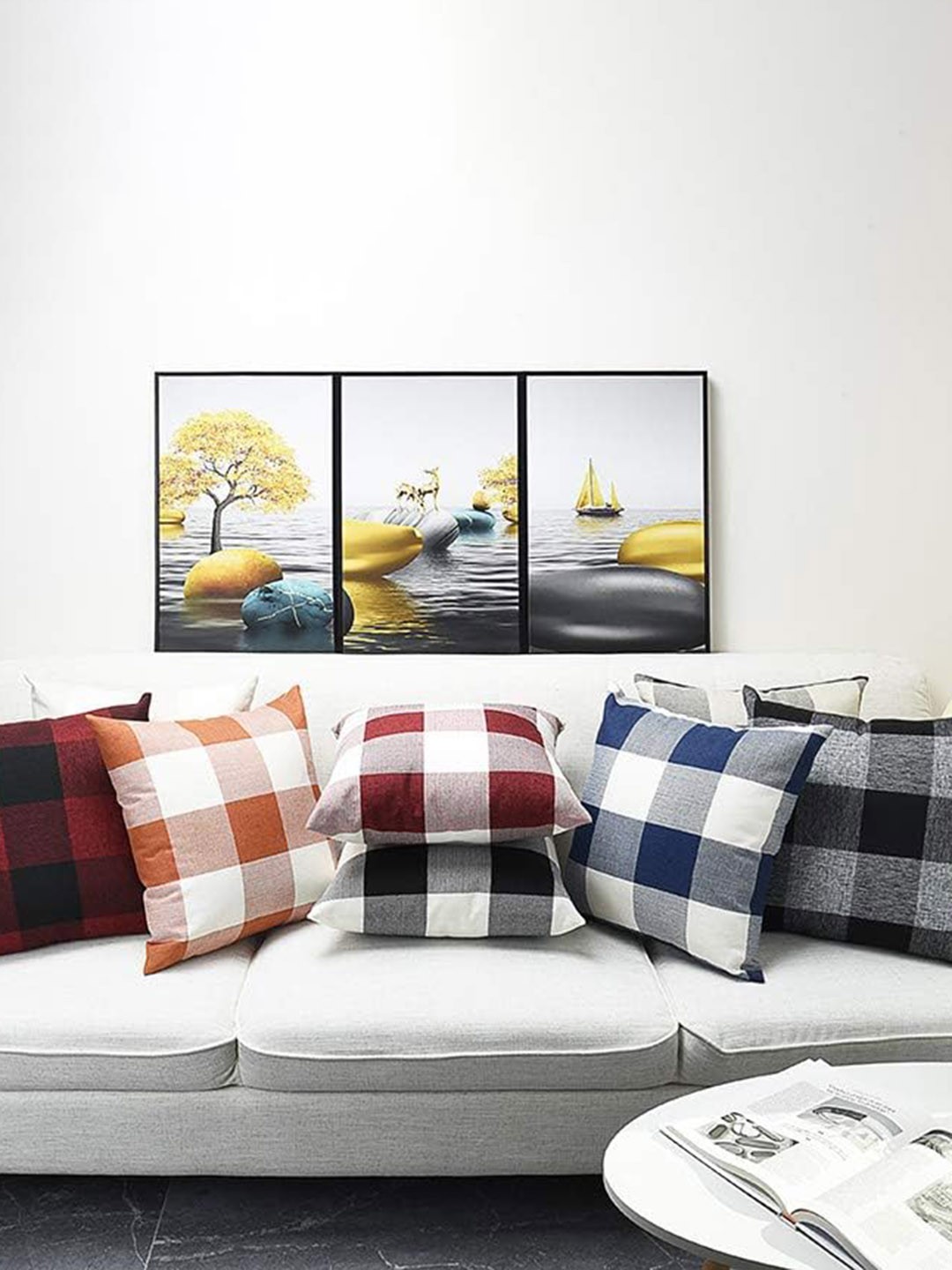 

CHRONEX Blue & White 2-Pieces Checked Cotton Linen Cushion Covers