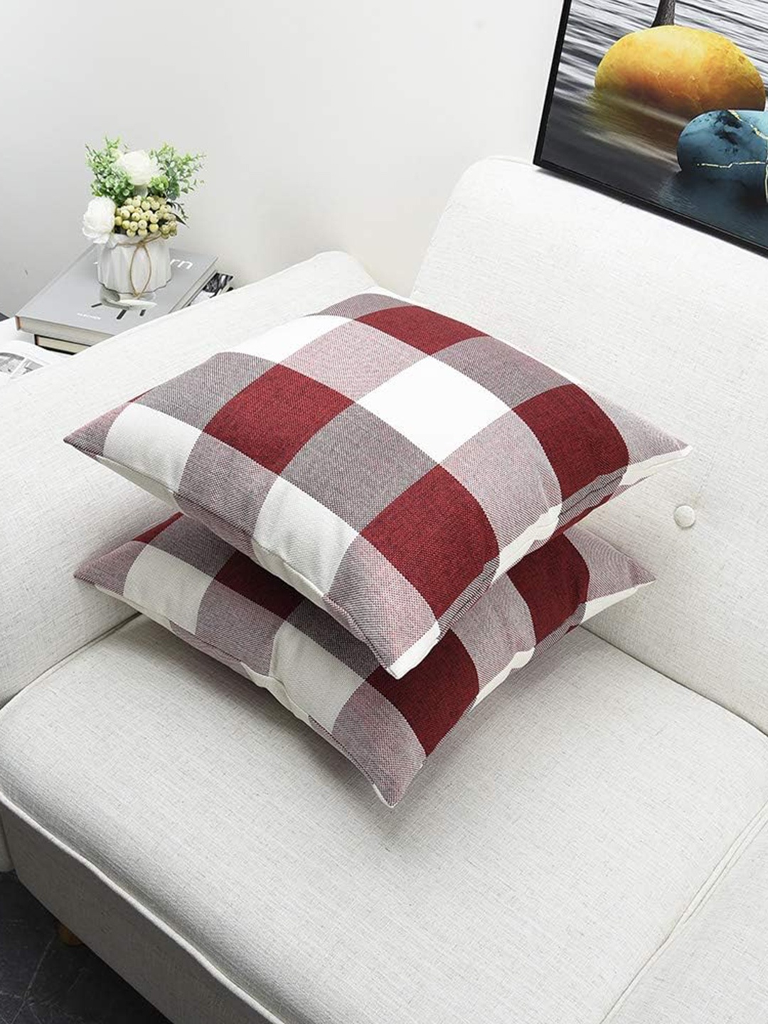 

CHRONEX Red & White 2-Pieces Checked Cotton Linen Cushion Covers