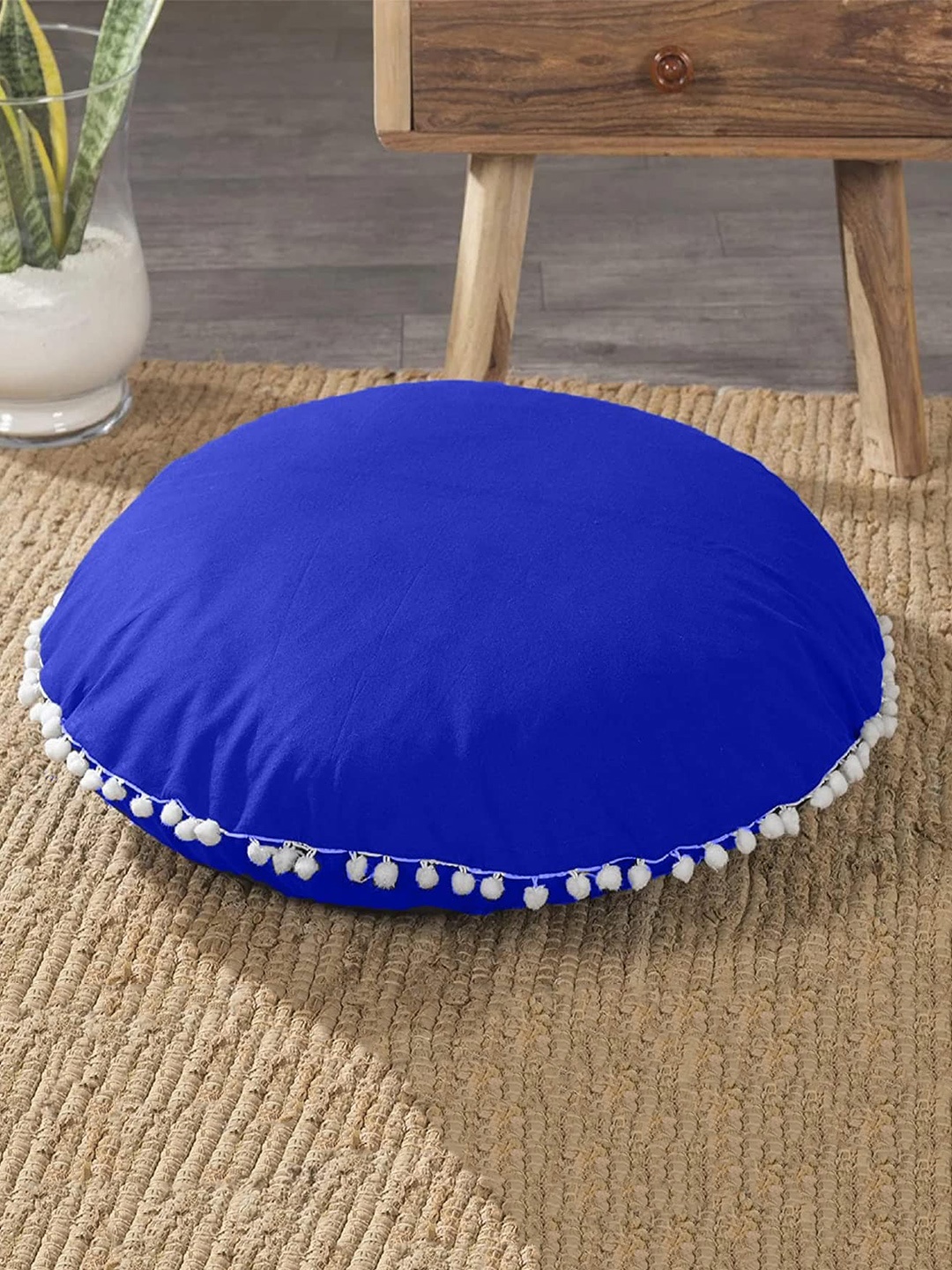 

CHRONEX Blue 2-Pieces Velvet Round Pom Pom Cushion Covers