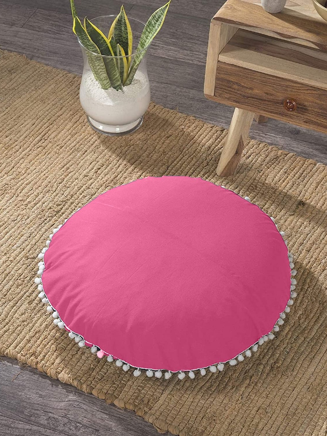 

CHRONEX Pink 2 Pieces Velvet Round Cushion With Pom Pom Lace Pillow Case
