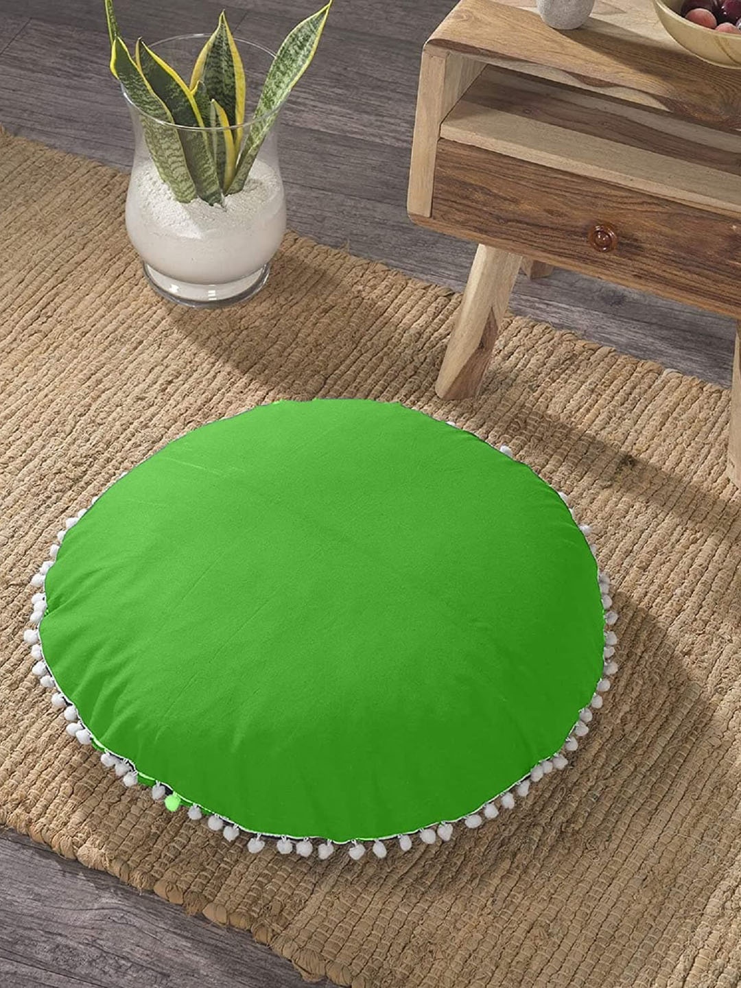 

CHRONEX Green 2 Pieces Velvet Round Cushion With Pom Pom Lace Pillow Case