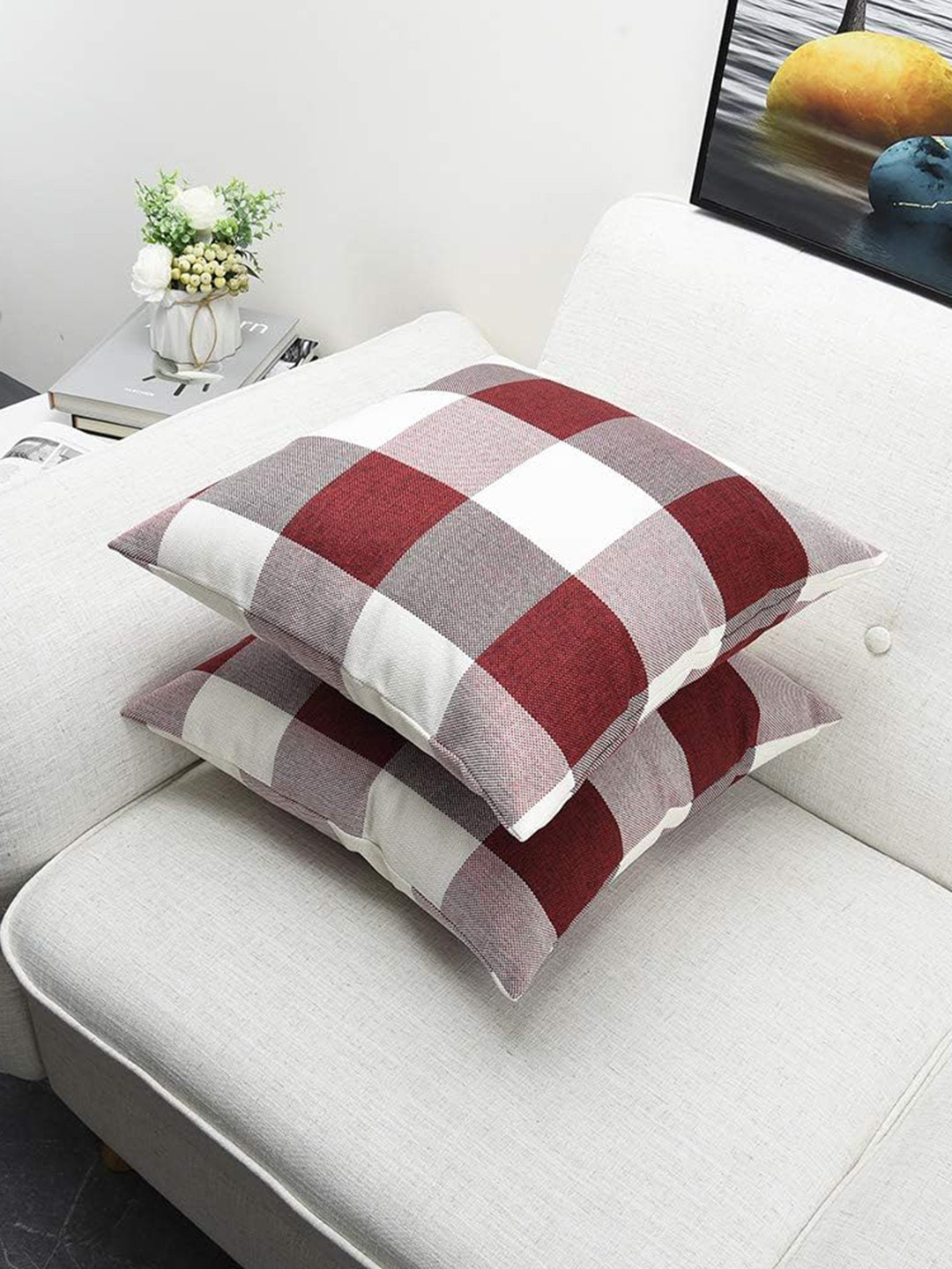 

CHRONEX Red & White 2 Pieces Checked Cotton & Linen Square Cushion Covers
