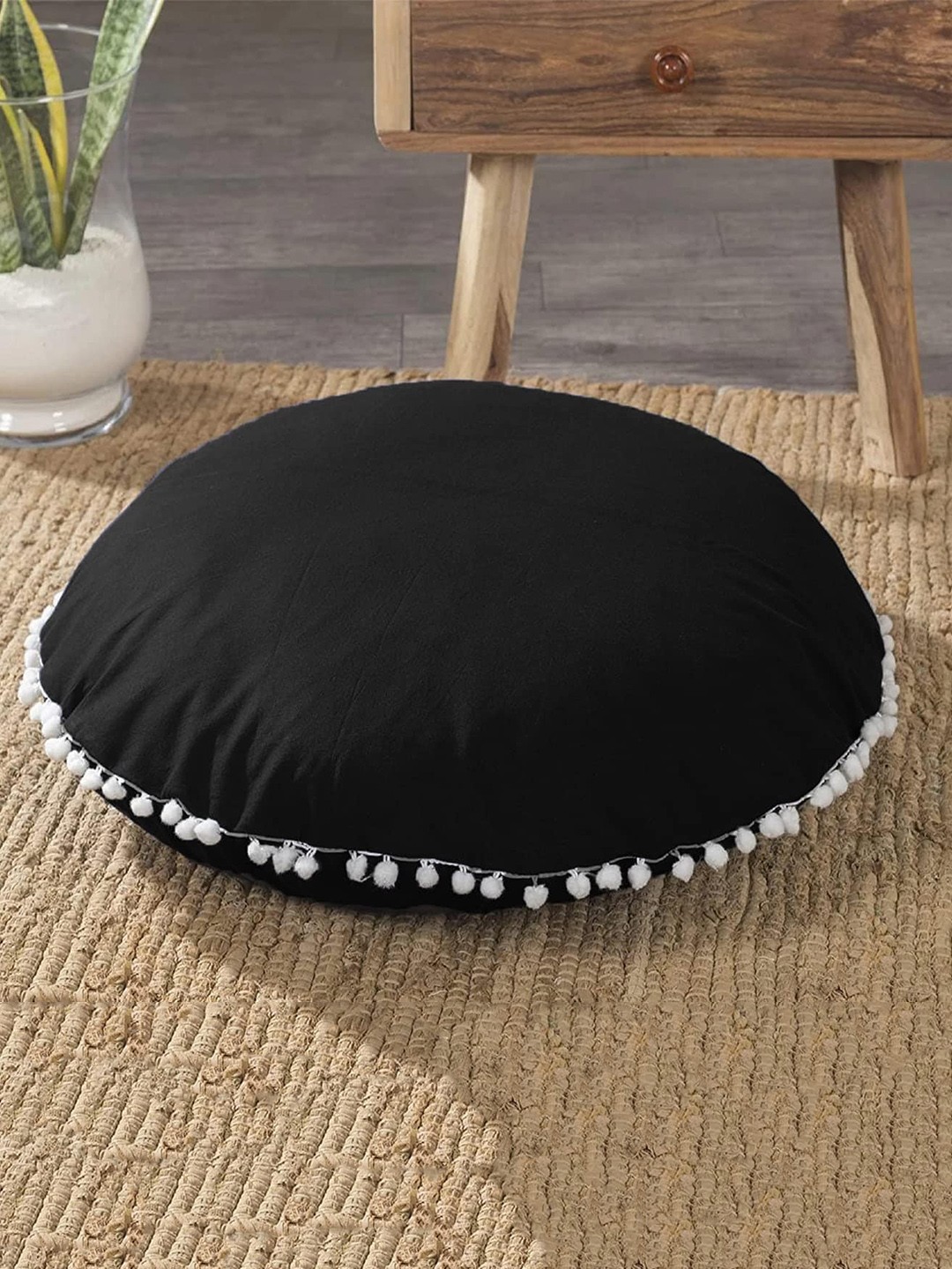 

CHRONEX Black 2 Pieces Velvet Round Cushion With Pom Pom Lace Pillow Case