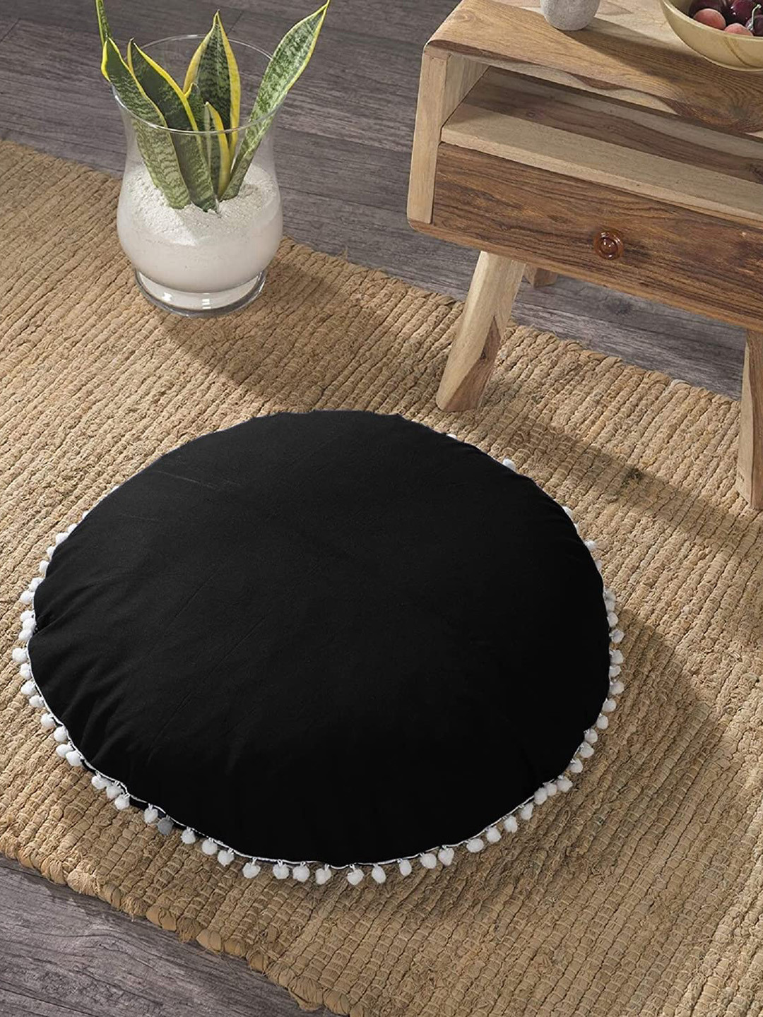 

CHRONEX Black 2 Pieces Velvet Round Cushion With Pom Pom Lace Pillow Case