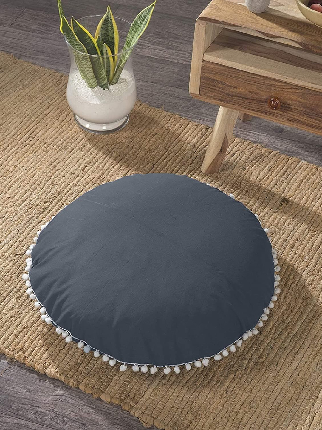 

CHRONEX Grey 2 Pieces Velvet Round Cushion With Pom Pom Lace Pillow Case