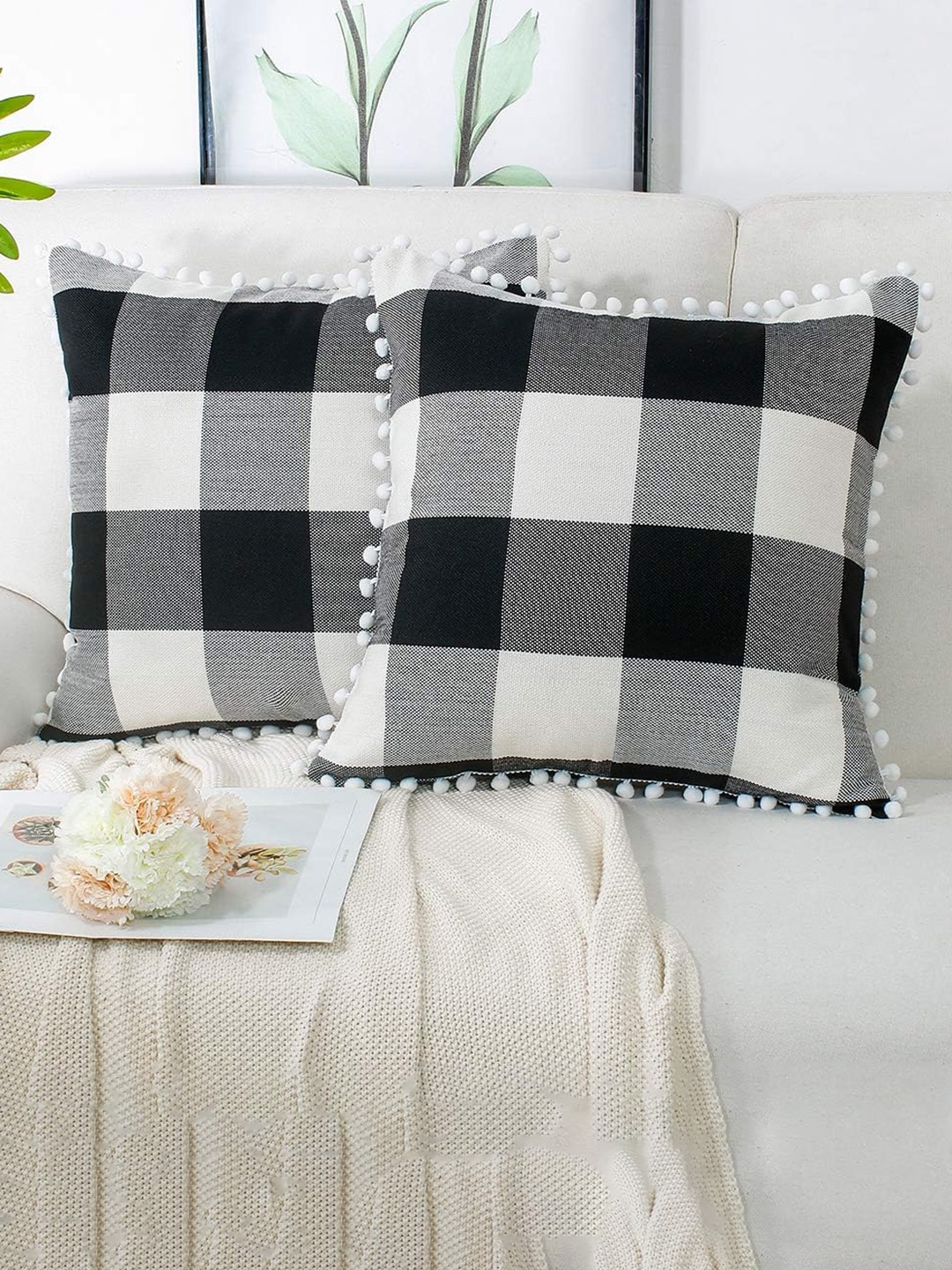 

CHRONEX 2-Pcs Black & White Checked Cotton Linen Pillow Covers