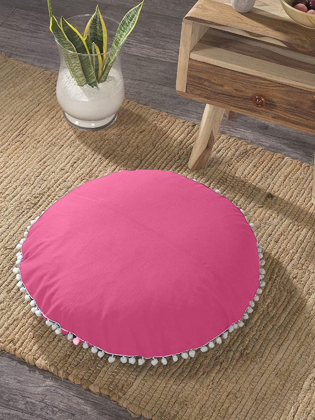 

CHRONEX Pink 2 Pieces Velvet Round Cushion With Pom Pom Lace Pillow Case