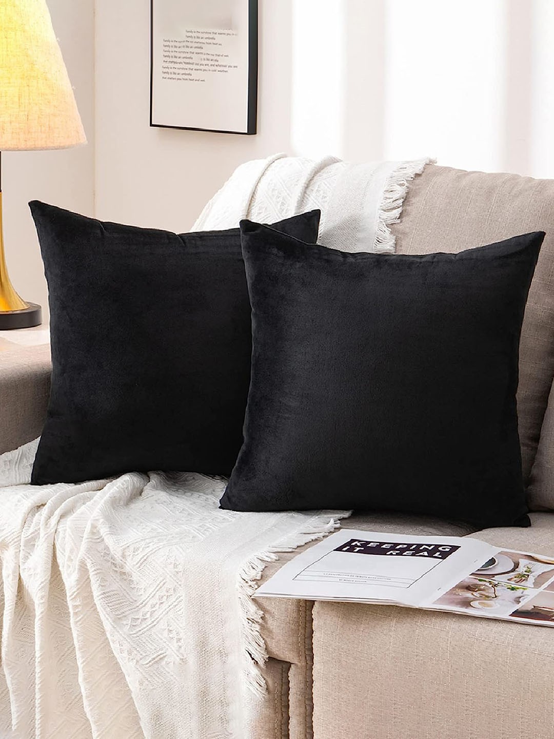 

CHRONEX Black 2 Pieces Square Velvet Cushion Covers