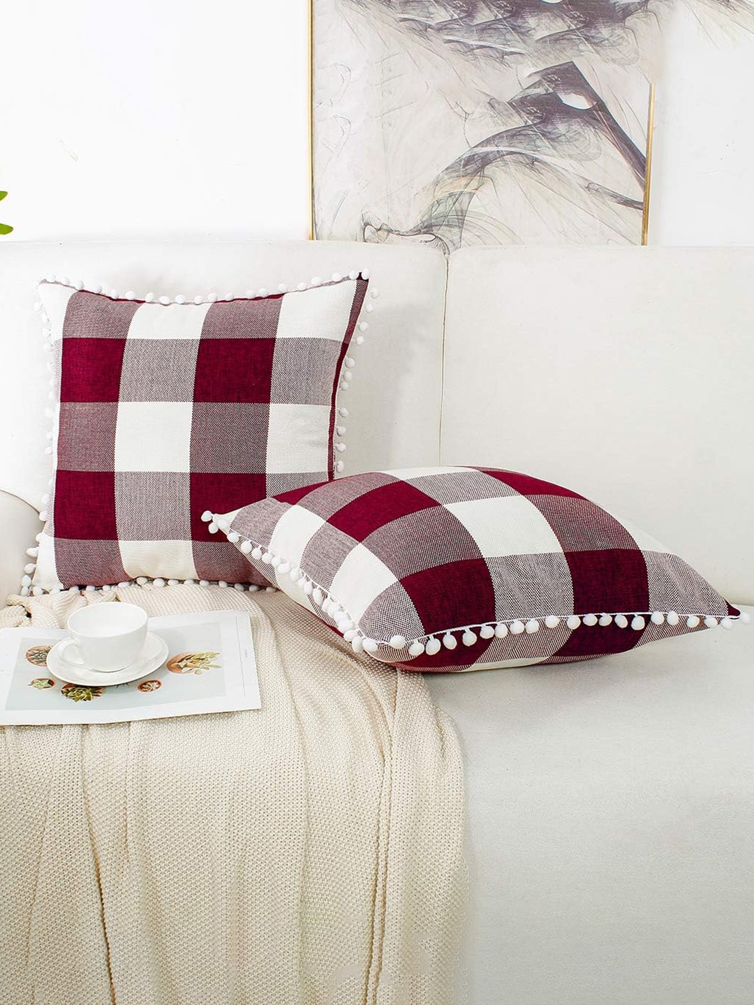 

CHRONEX 2-Pcs Red & White Square Cotton Pillow Covers