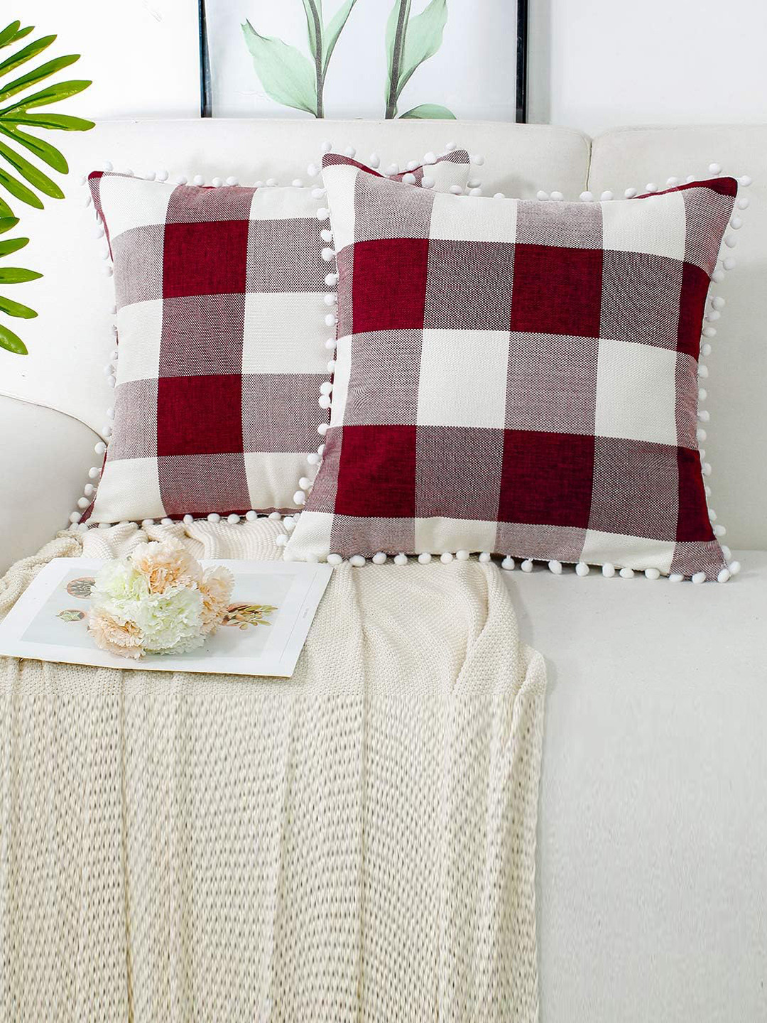 

CHRONEX Red & White 2 Pieces Square Cotton Pillow Covers