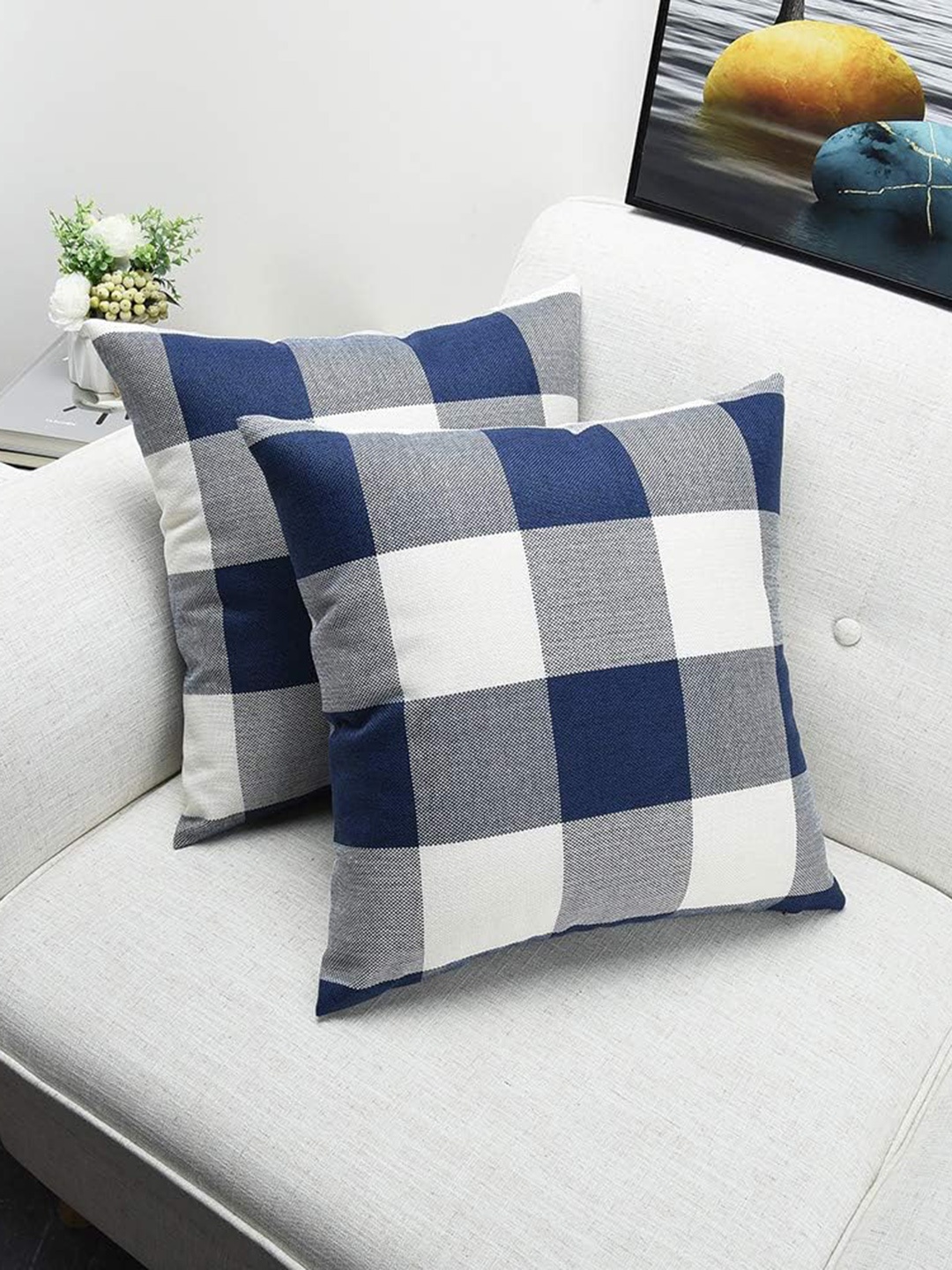 

CHRONEX Blue & White 2-Pieces Checked Square Cotton Cushion Covers