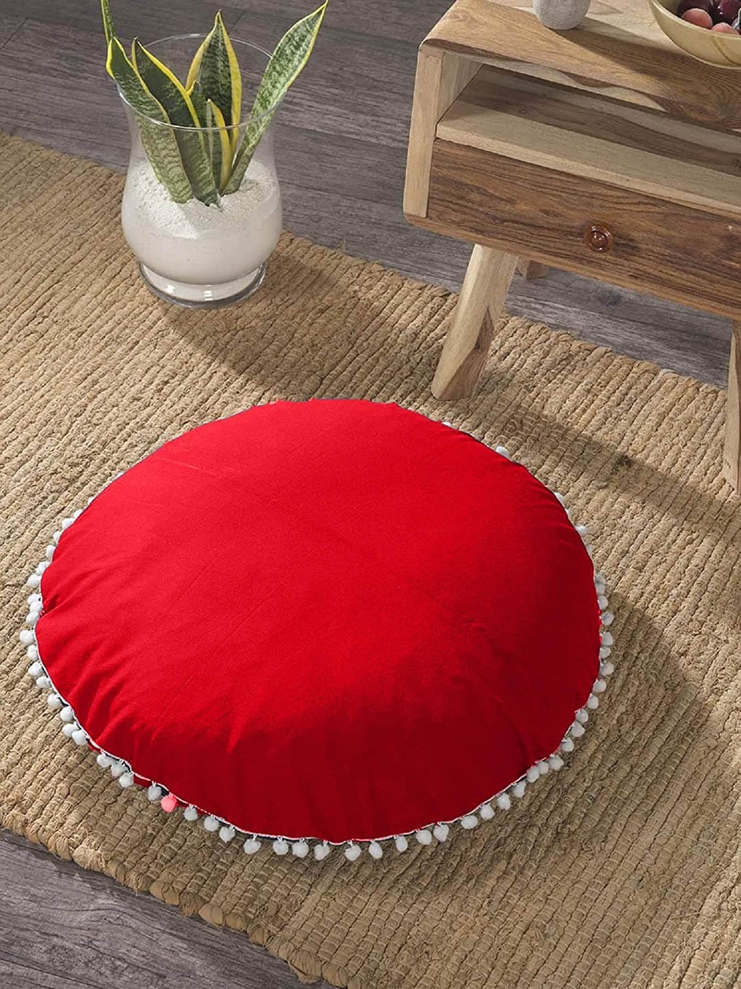 

CHRONEX Red 2 Pieces Velvet Round Cushion With Pom Pom Lace Pillow Case