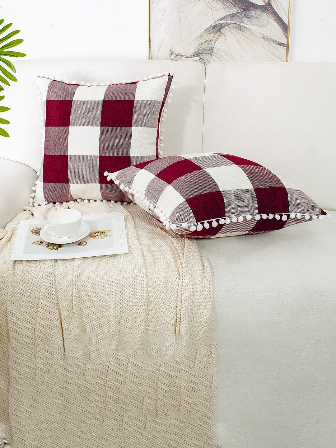 

CHRONEX Red & White 2 Pieces Square Cotton Pillow Covers