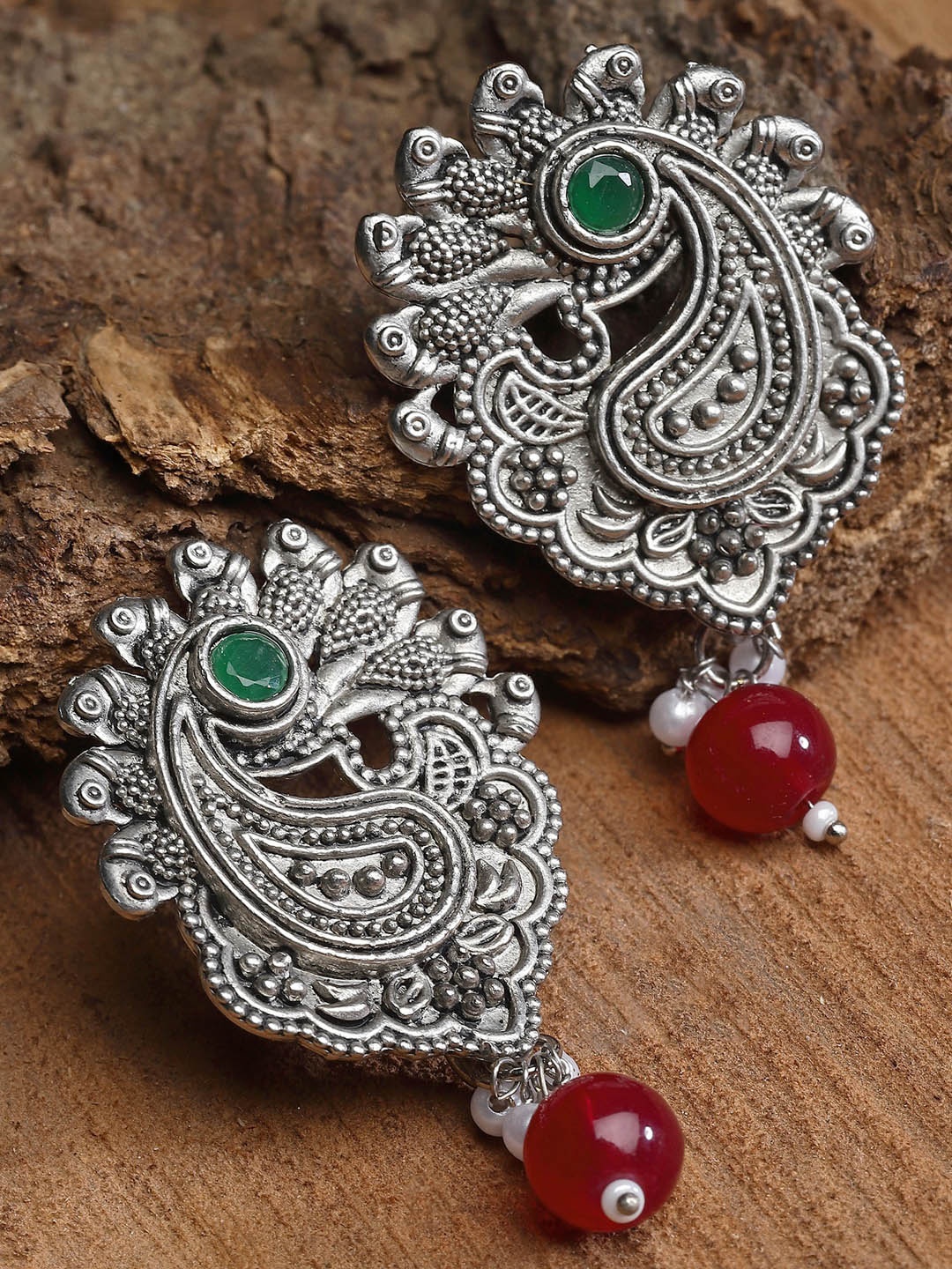 

KARATCART Silver-Plated Stone Studded & Beaded Peacock Shaped Drop Earrings