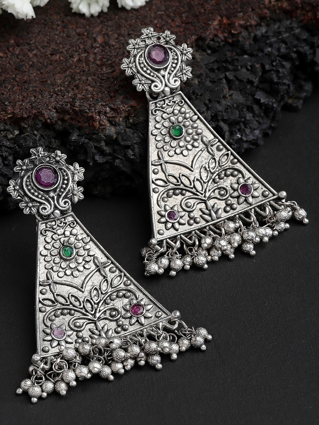 

KARATCART Silver-Plated Stone Studded Drop Earrings