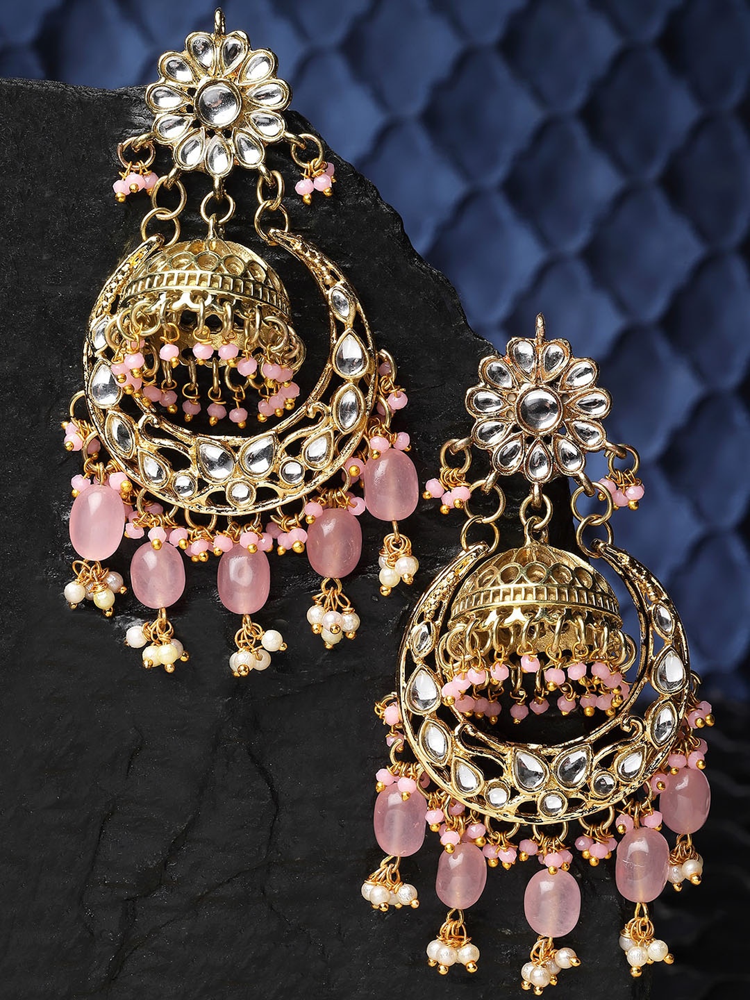 

KARATCART Gold-Plated Stone Studded & Beaded Dome Shaped Jhumkas