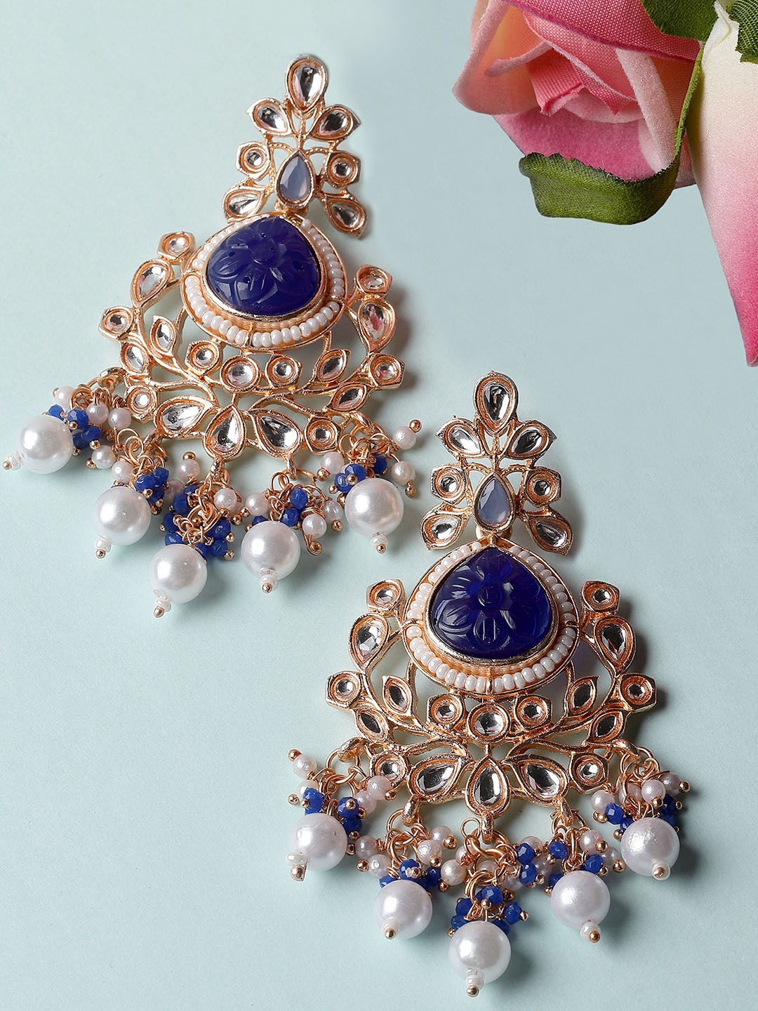 

KARATCART Rose Gold-Plated Stone Studded & Beaded Drop Earrings