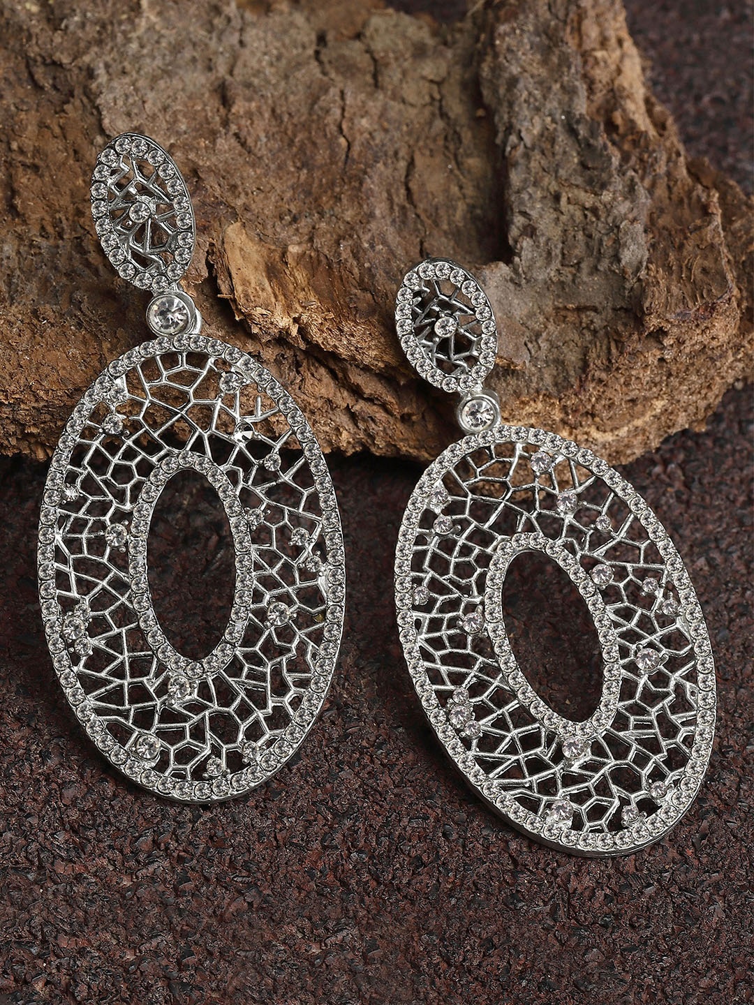 

KARATCART Silver-Plated Stone Studded Circular Drop Earrings