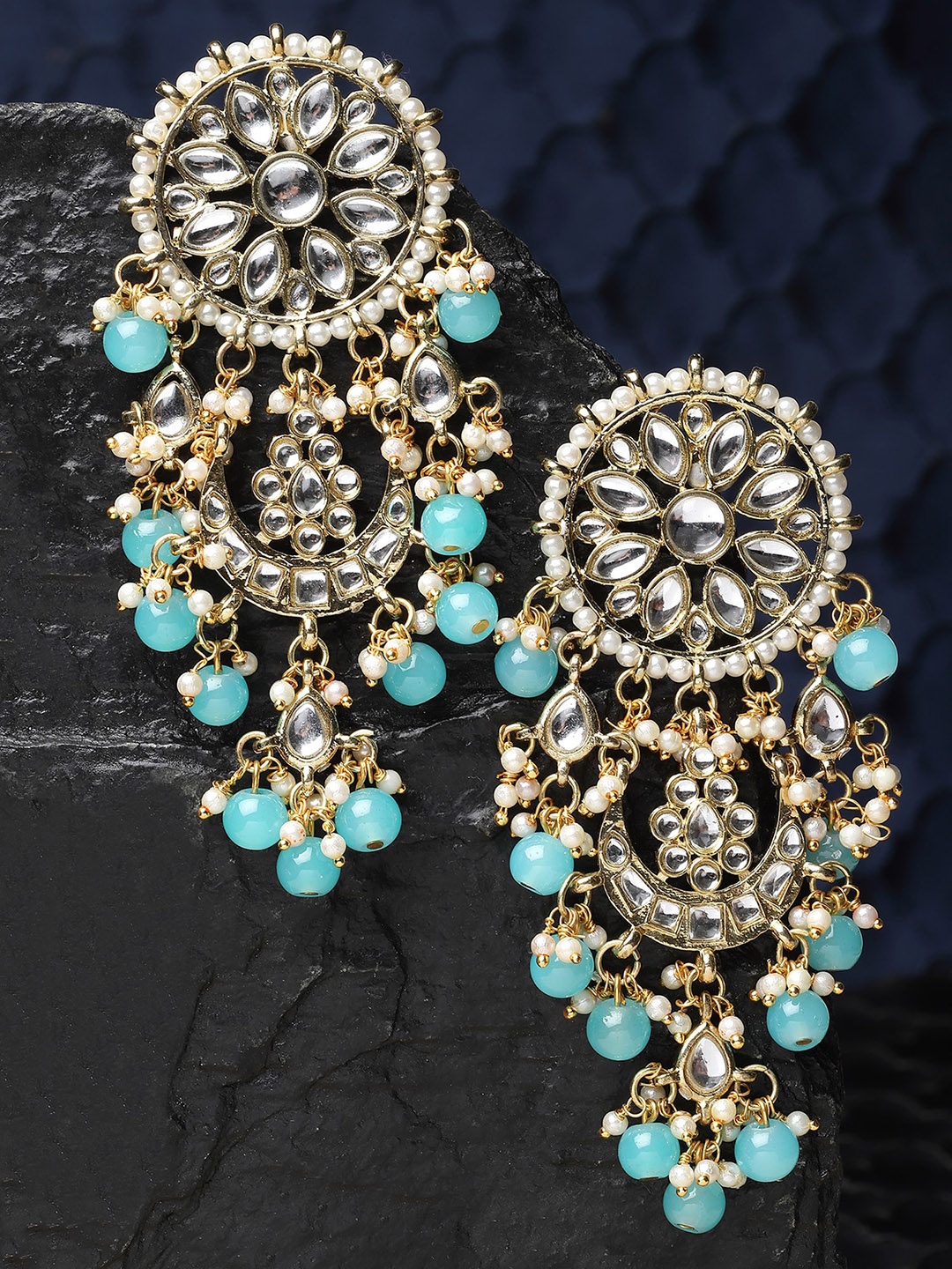 

KARATCART Gold-Plated Stone Studded & Beaded Drop Earrings