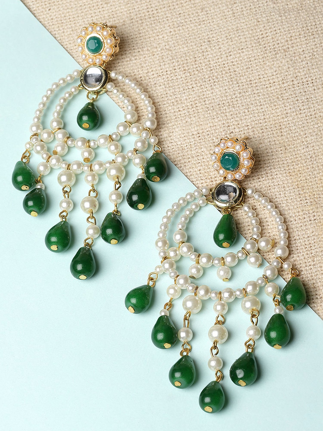 

KARATCART Gold-Plated Stone Studded & Beaded Drop Earrings