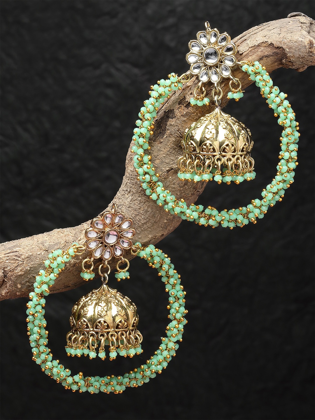 

KARATCART Gold-Plated Stone Studded & Beaded Dome Shaped Jhumkas