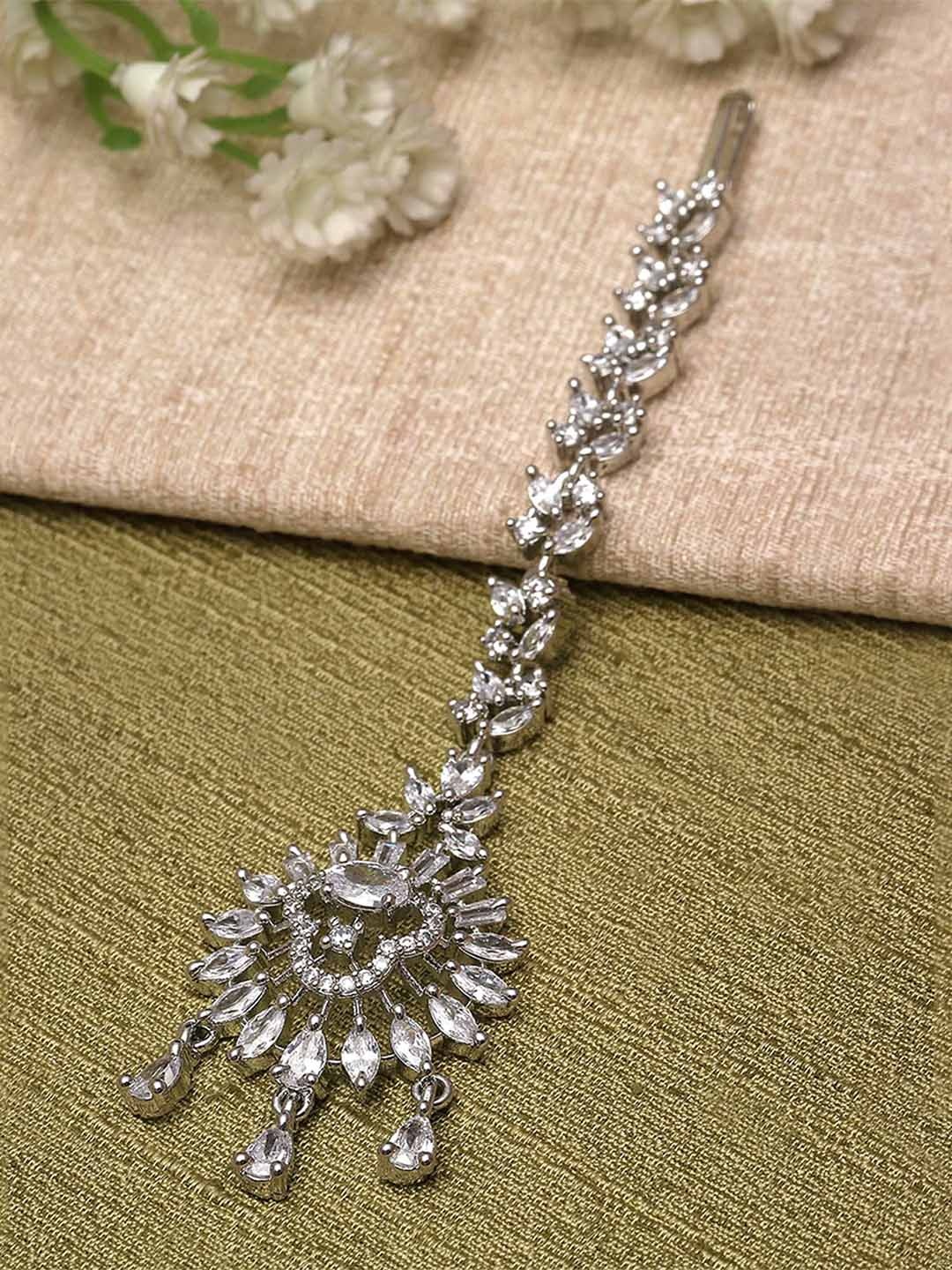 

KARATCART Silver-Plated American Diamond-Studded Maang Tikka