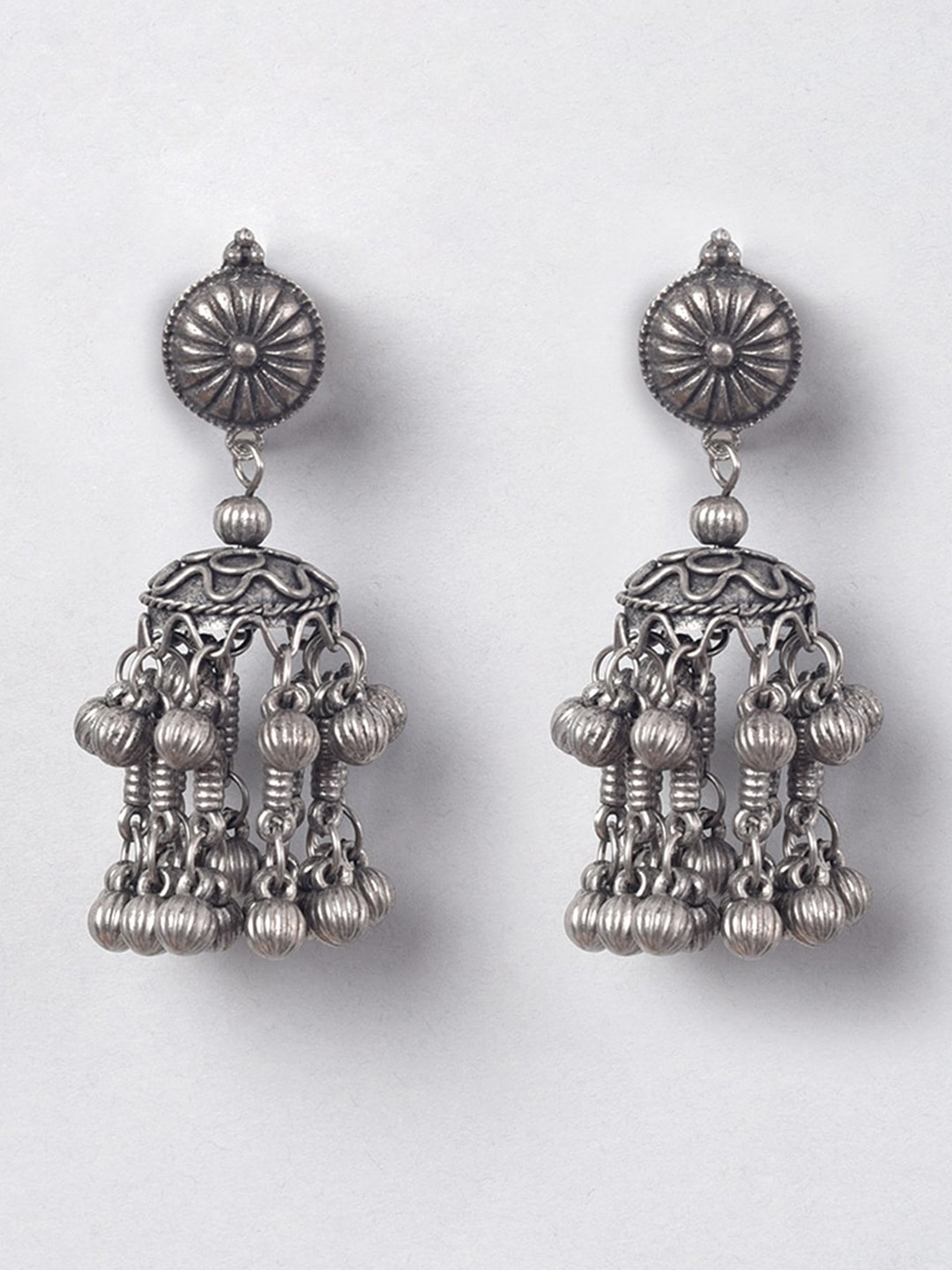 

phuljhadi Silver-Plated Beaded Dome Shaped Oxidised Jhumkas