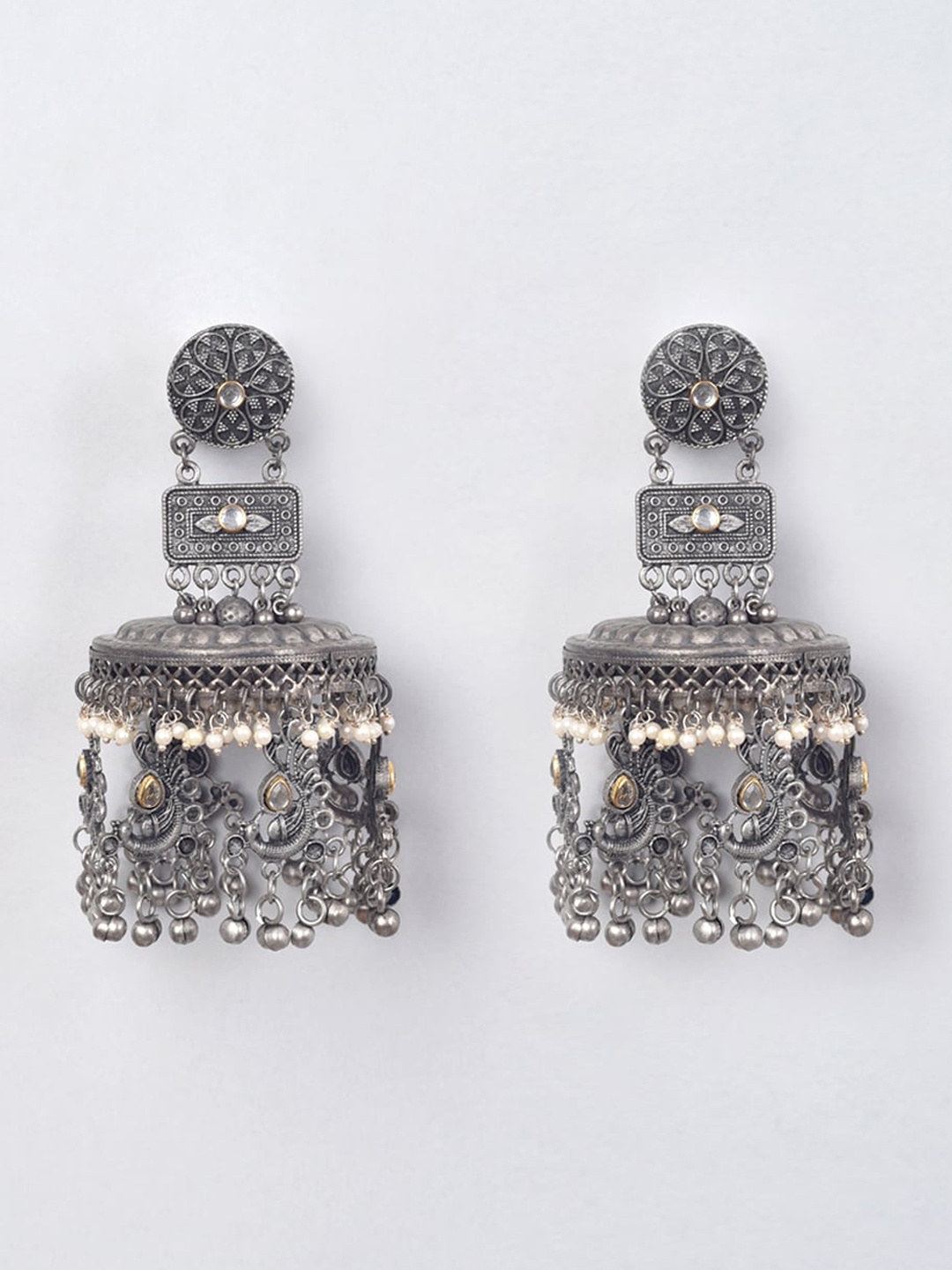 

phuljhadi Silver-Plated Stone Studded & Beaded Contemporary Drop Earrings