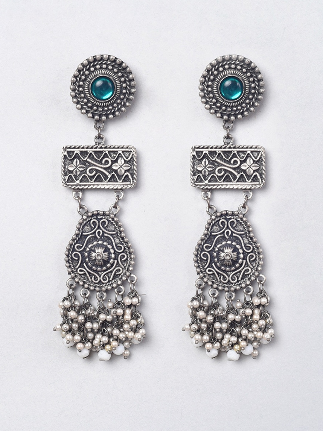 

phuljhadi Silver-Plated Stone Studded Oxidised Contemporary Drop Earrings