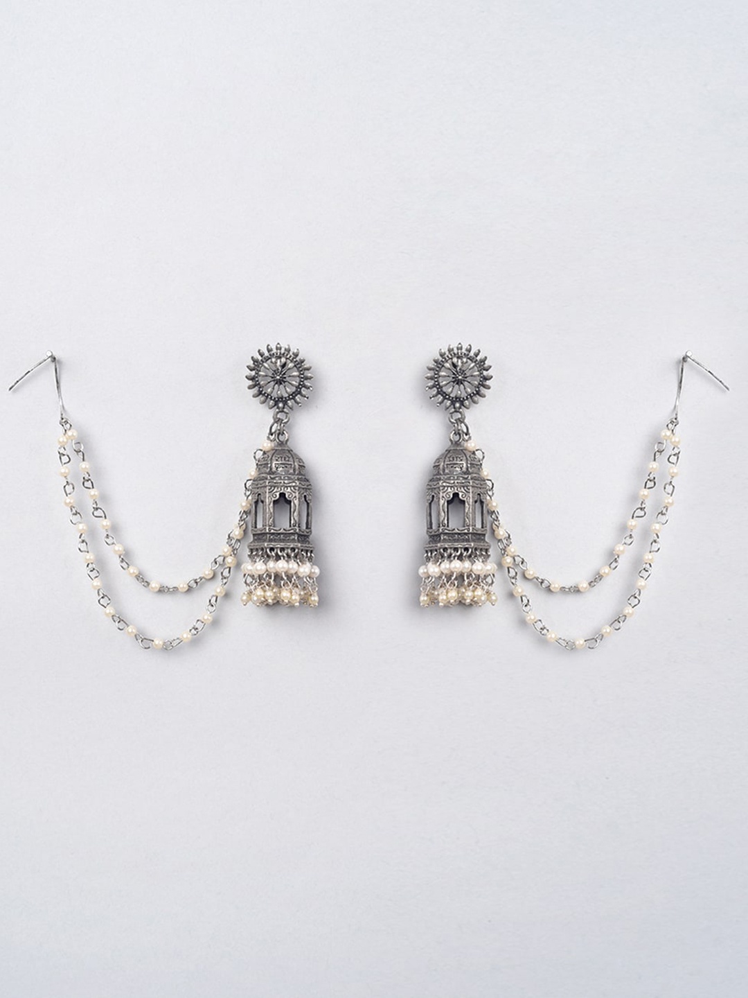 

phuljhadi Silver-Plated Beaded Dome Shaped Temple Jhumkas