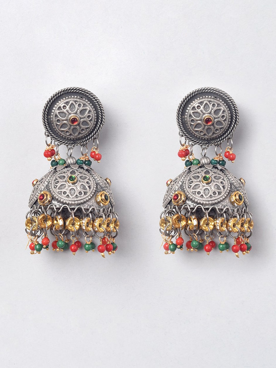 

phuljhadi Silver-Plated Stone Studded & Beaded Dome Shaped Jhumkas