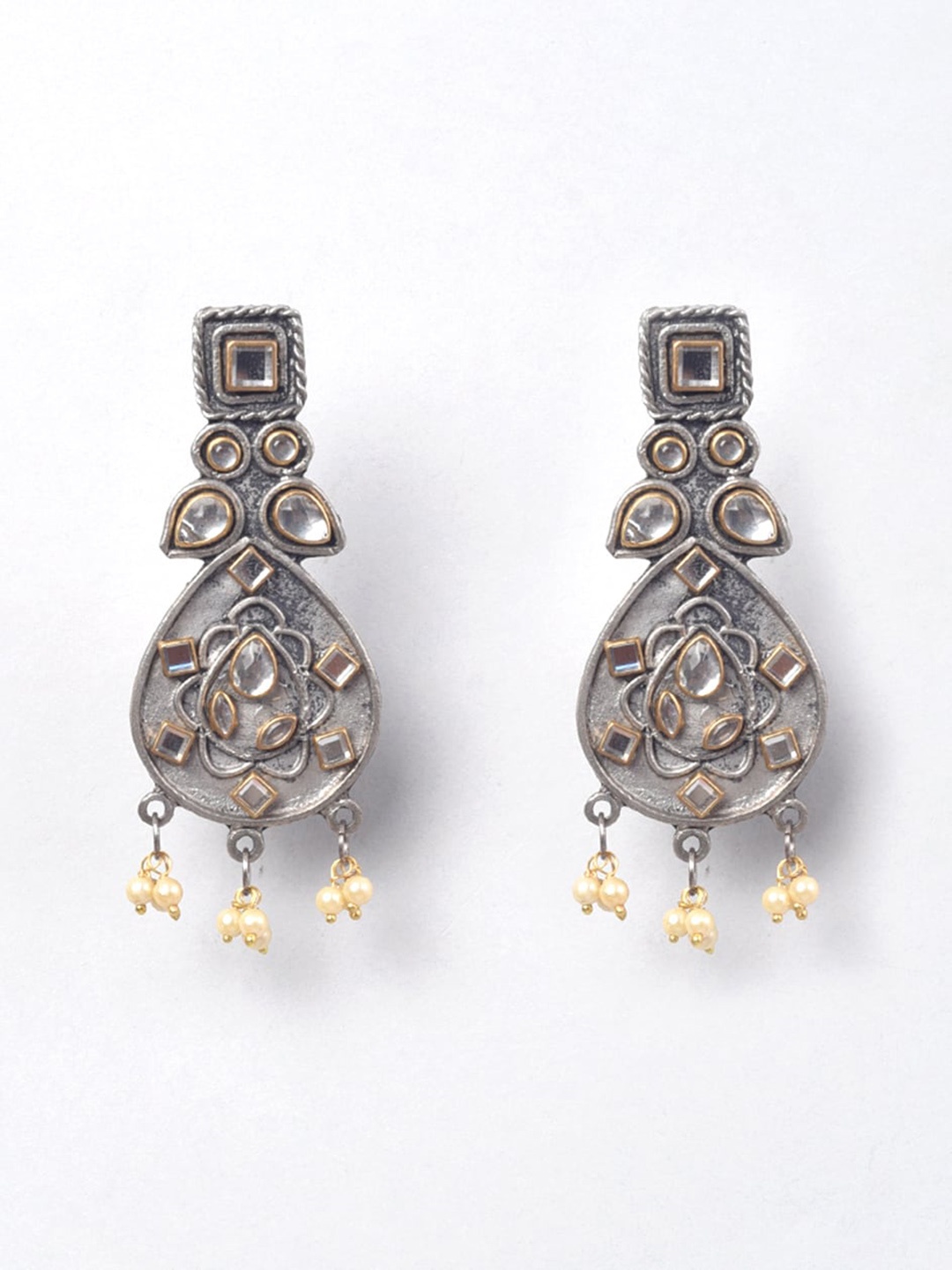 

phuljhadi Silver-Plated Stone Studded & Beaded Drop Earrings