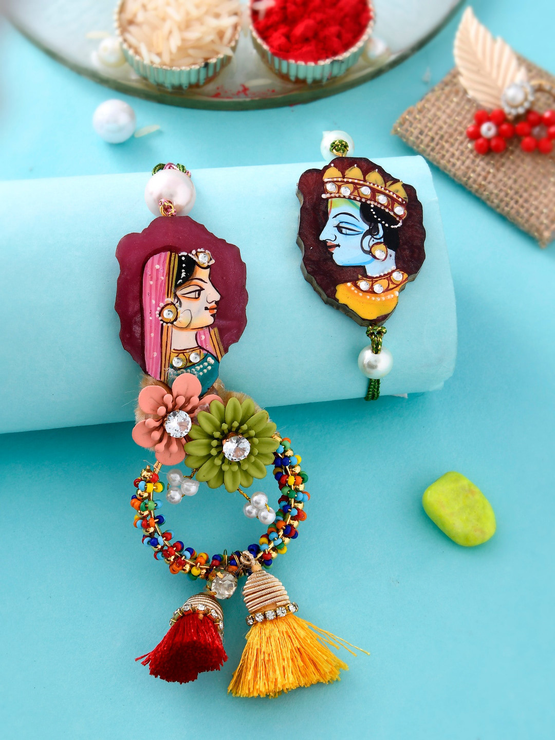 

Aapno Rajasthan Set of 2 Stone-Studded & Beaded Bhaiya Bhabhi Rakhi With Roli & Chawal, White