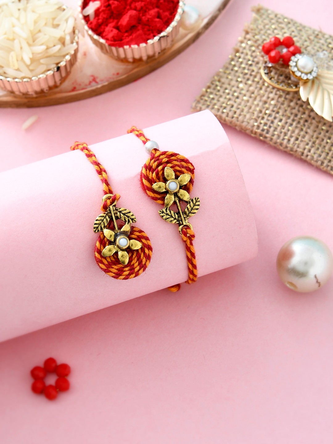 

Aapno Rajasthan Set Of 2 Stone Studded Bhaiya Bhabhi Rakhis, Red