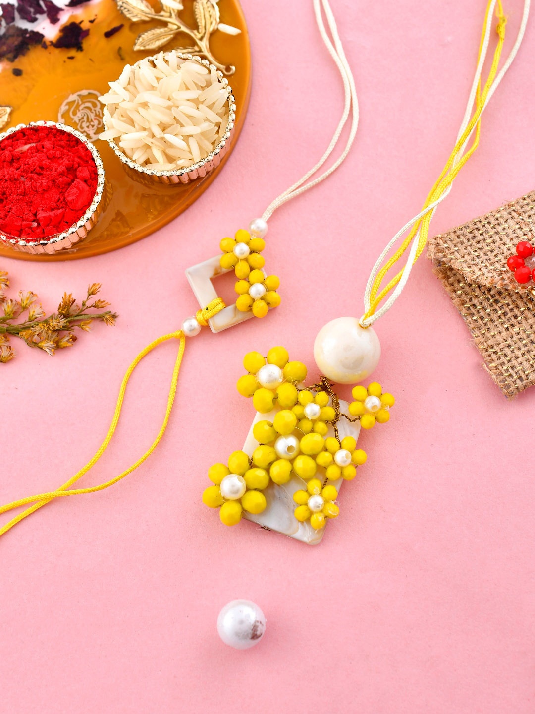 

Aapno Rajasthan Unisex Set of 2 Stone-Studded & Beaded Rakhis, Yellow