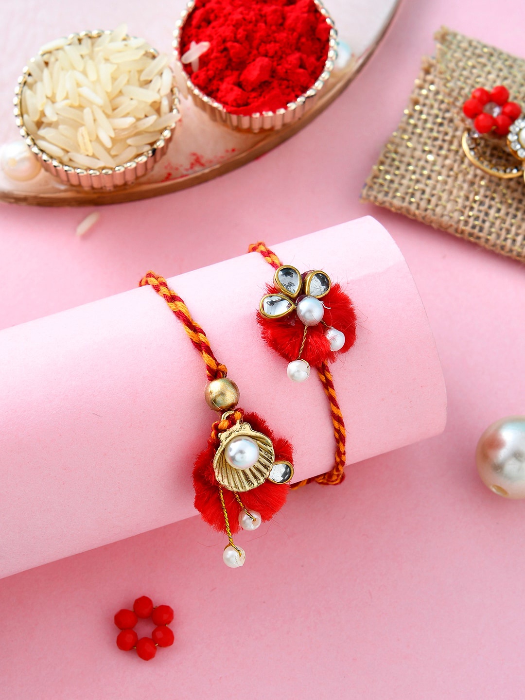 

Aapno Rajasthan Unisex Set of 2 Stone-Studded & Beaded Rakhis, Red