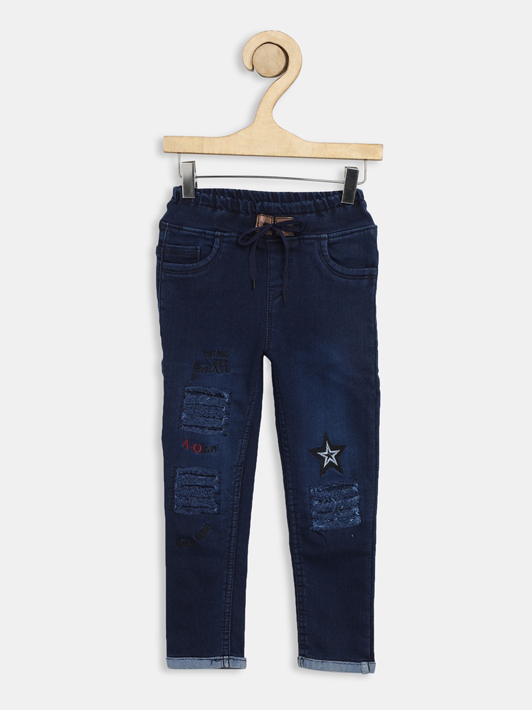 

F2M Unisex Kids Slim Fit Jogger High-Rise Mildly Distressed Embroidered Stretchable Jeans, Navy blue