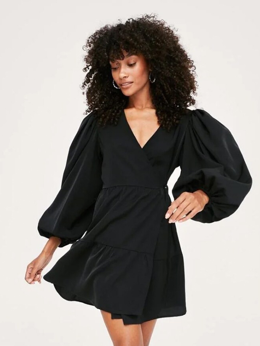 

Styched V-Neck Puff Sleeves Cotton Mini Wrap Dress, Black